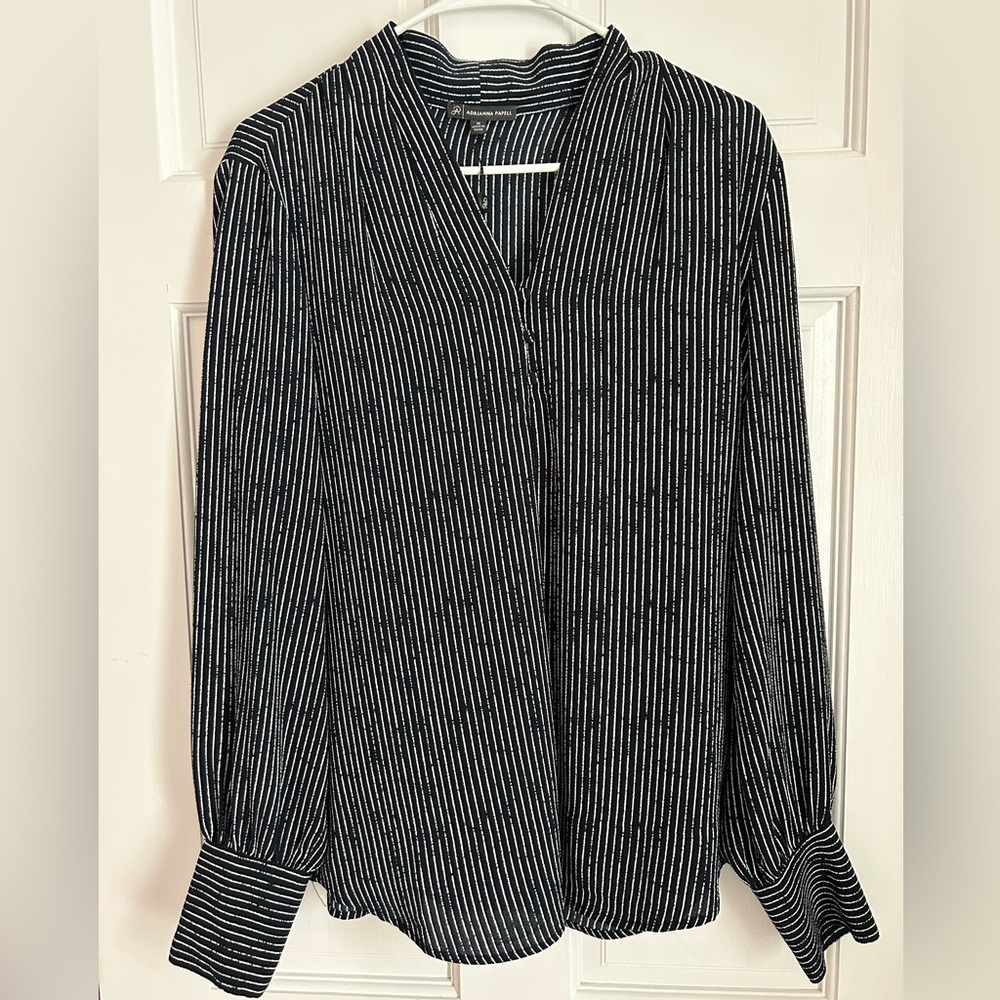 Adrianna Papell Navy and White Striped Blouse